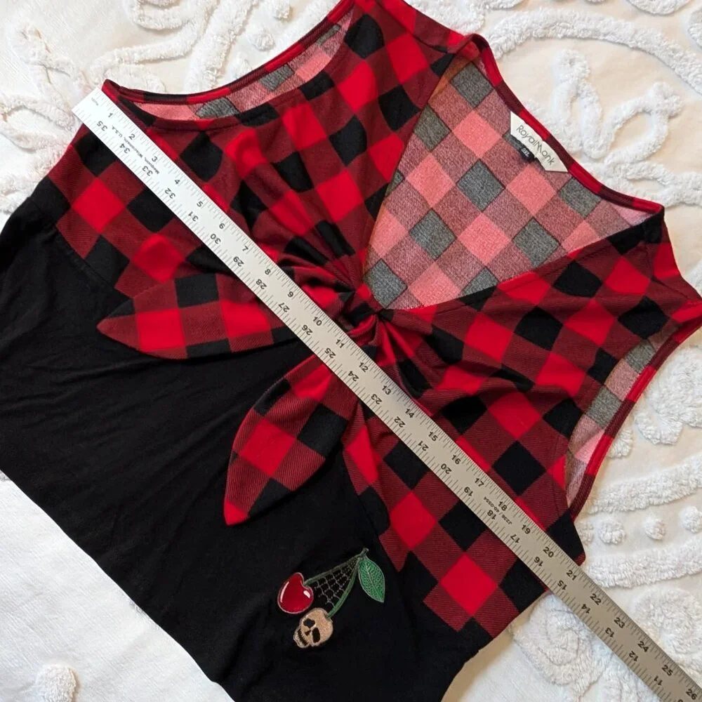 Royal Monk 3X buffalo plaid v-neck crop top skull cherry spiderweb EUC - Picture 5 of 10